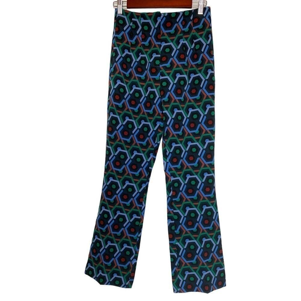 Zara Geometric Printed Blue Retro Multicolor Flare Pants Trousers High Waisted